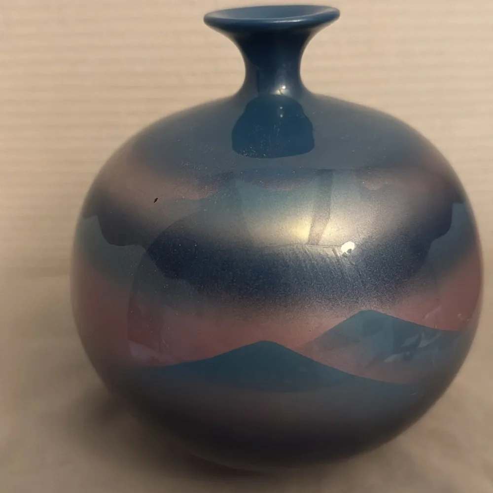 Vintage Tajimi Japan Elegant Blue Vase Satin Finish Crane Heron Bird Ball Shape
